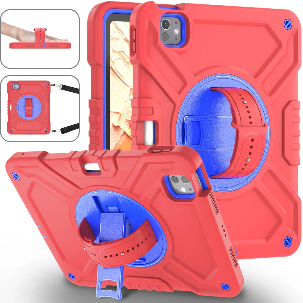 Shockproof Case for iPad pro 11 inch (2024) with 360° Rotating Hand Strap, Portable Shoulder Strap and Pencil Slot