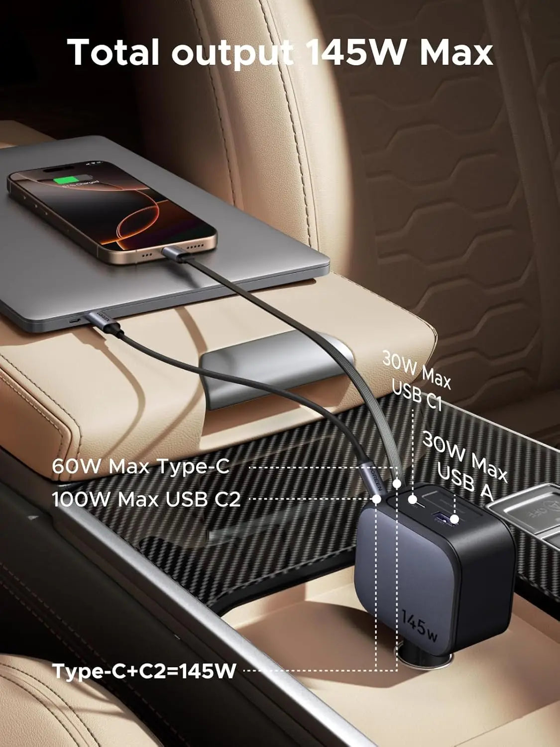 UGREEN 145W 3C1A Retractable Car Charger, USB C Car Phone Charger Fast Charging with Type C Cable