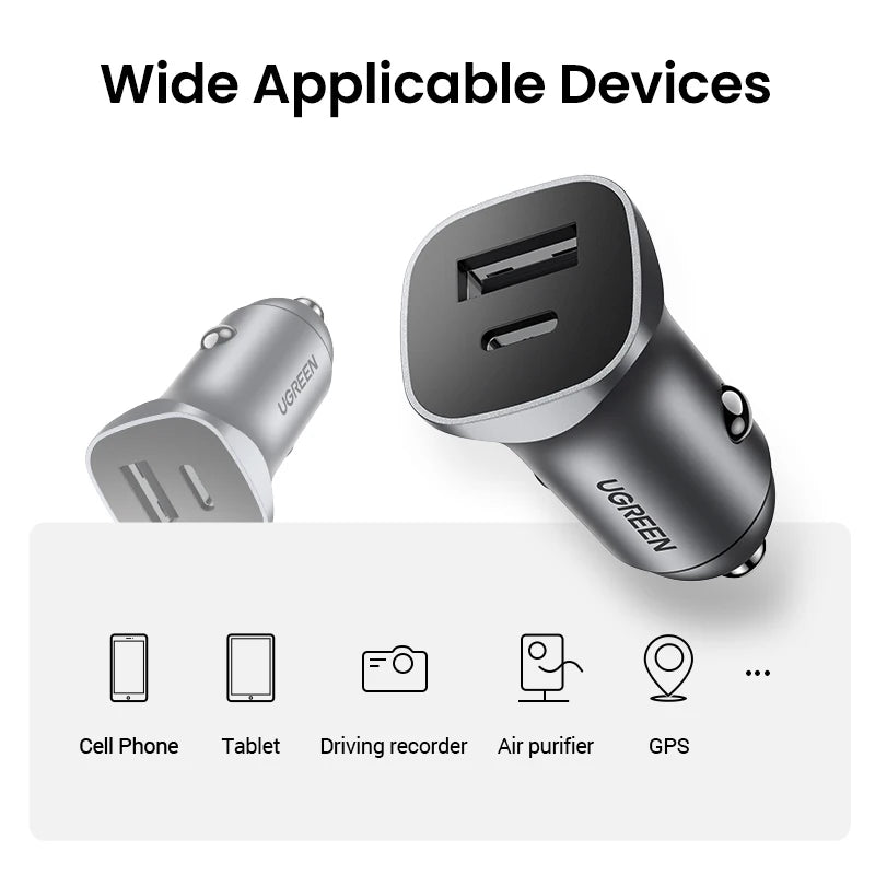 UGREEN 20W Car Charger Dual Port QC 4.0 3.0 Fast Charging For iPhone 17 16 15 Xiaomi Huawei Samsung Supercharge Type C Charger
