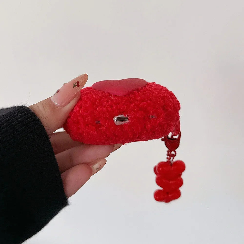 Red Fiber Plush 3D Love Soft TPU Earphone Case for AirPods 1 2 3 4 Pro 2 Silicone Protection Cover Luxury Heart Chain Pendant