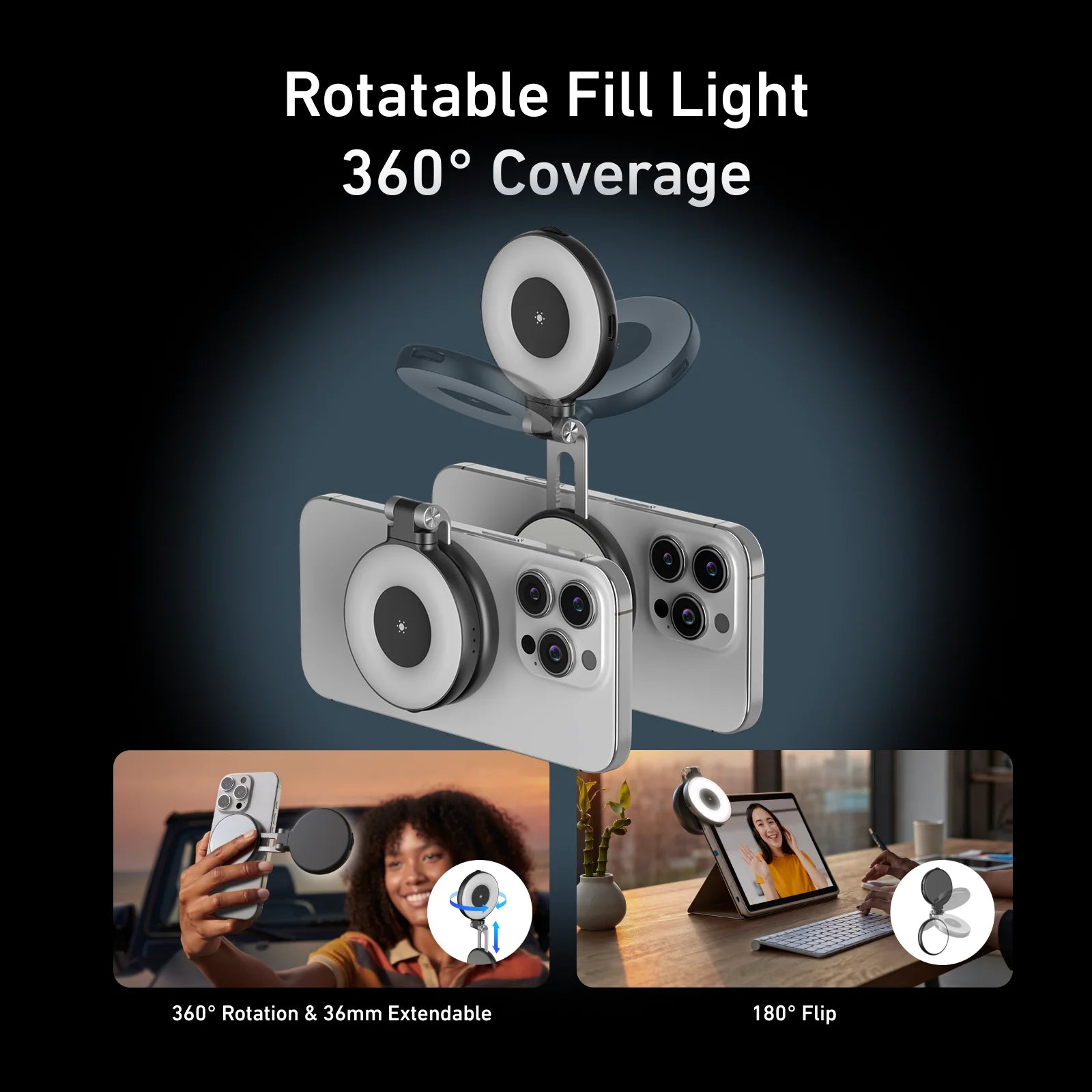 TELESIN Magnetic Fill Light Mini Selfie Ring Fill Lamp 3 Modes with Mirror Light for iPhone 17 16 15 14 Samsung VIVO HUAWEI MI