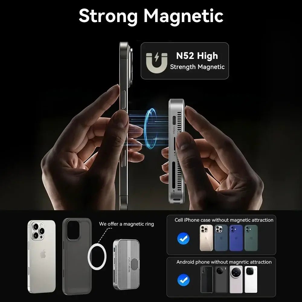 Strong Magnetic N52 High Strength Magnetic, showcasing compatibility with cell and Android phone cases.