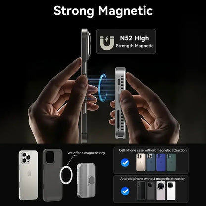Strong Magnetic N52 High Strength Magnetic, showcasing compatibility with cell and Android phone cases.