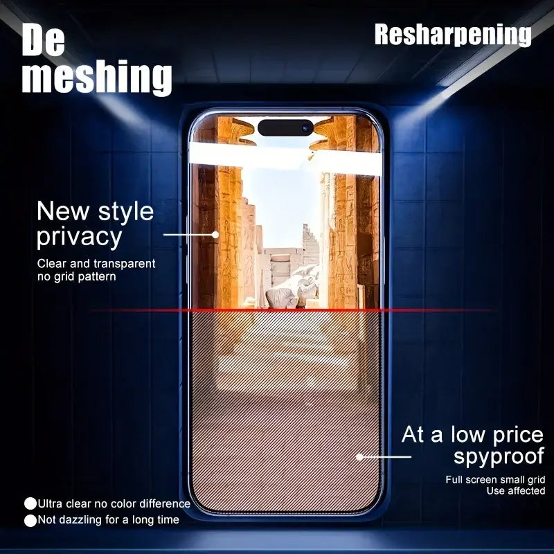 2Pcs Privacy Dust-Free Tempered Glass Screen Protector for iPhone showcasing clarity and privacy features.