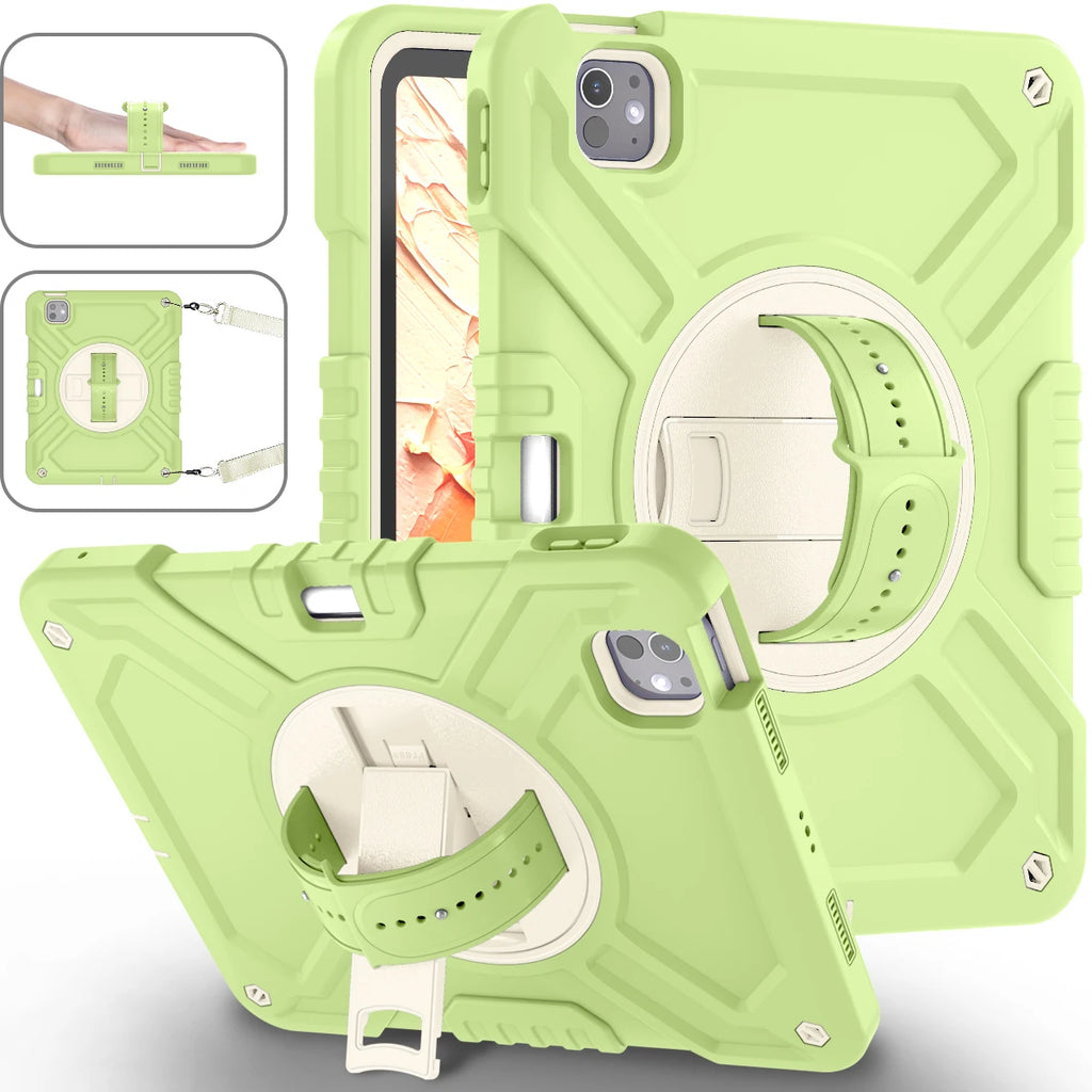 Shockproof Case for iPad pro 11 inch (2024) with 360° Rotating Hand Strap, Portable Shoulder Strap and Pencil Slot