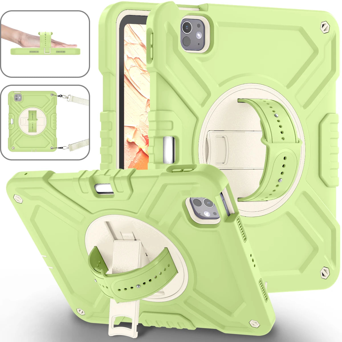 Shockproof Case for iPad pro 11 inch (2024) with 360° Rotating Hand Strap, Portable Shoulder Strap and Pencil Slot