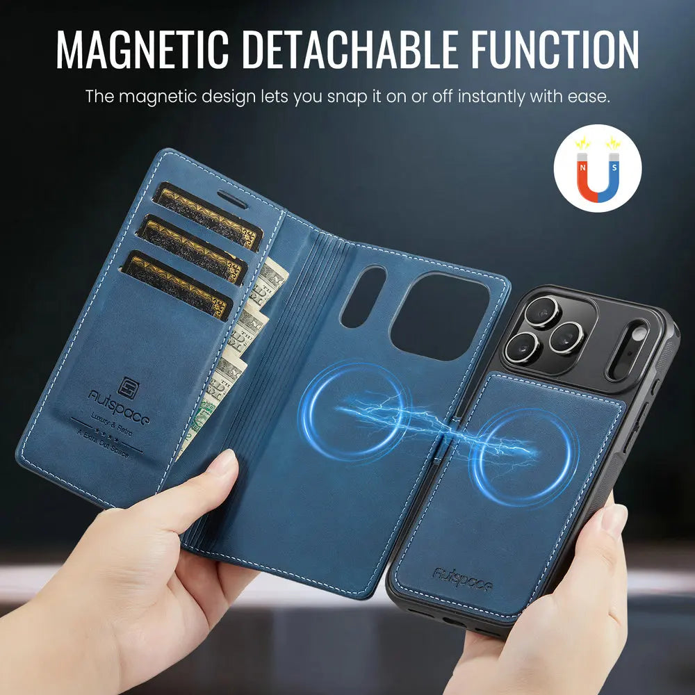 Protect your iPhone 17 Pro 5G with this 2-in-1 detachable leather wallet case. Magnetic cover, RFID slots & premium craftsmanship.