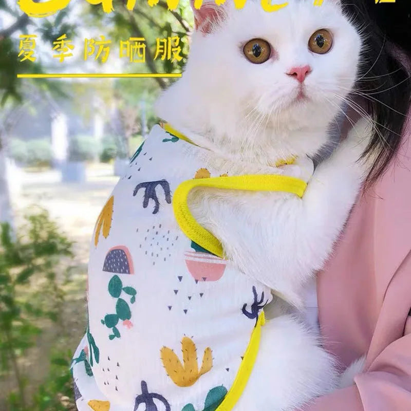 Sun Protection Clothing for Cats Summer Pet Vest Ultra-thin Breathable Cute Print Kitten Puppy Rabbit Clothes Pajamas ropa gato