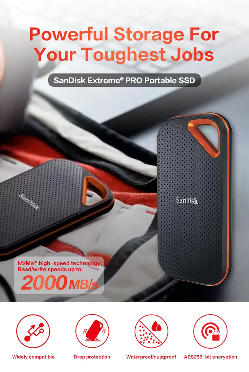 Read & Write 2000MB/s SanDisk E81 Extreme PRO Portable SSD NVMe 4T 2T 1T USB3.2 Gen2X2 Drop protection IP55 For Laptops/Desktops
