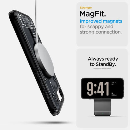 Spigen Ultra Hybrid MagFit Zero One MagSafe Case for iPhone 16e (2025) – Futuristic Transparent Tech Design showcasing MagFit compatibility.