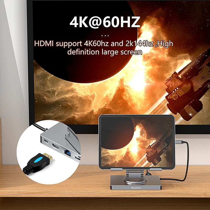 9-in-1 for IPad Pro USB C Hub Stand for M4/M2/Air 13/12.9/11", 4K HDMI, Ethernet, SD/TF Reader, 3xUSB 3.0, Foldable Dock