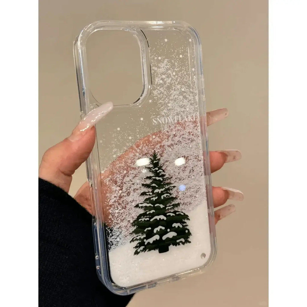 Phone Case For iPhone 16 15 14 13 12 11 8 7 6 6S XS X XR Mini Pro Max Plus INS Christmas Tree Print Snow Quicksand Clear Cover