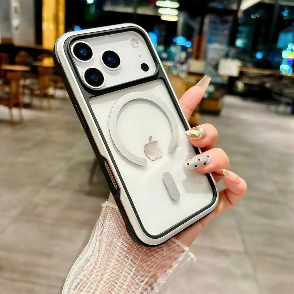 Aluminum Alloy Transparent Magsafe Phone Case For iPhone 17 Pro Max 17Air 15 16Pro Max Military Anti Fall Magnetic Cover