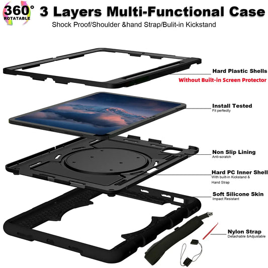 Heavy Duty Case For iPad Pro 11 M4 2024 Model A2836 A2837 A3006 360 Rotation Armor Stand Cover With Shoulder Strap Shockproof