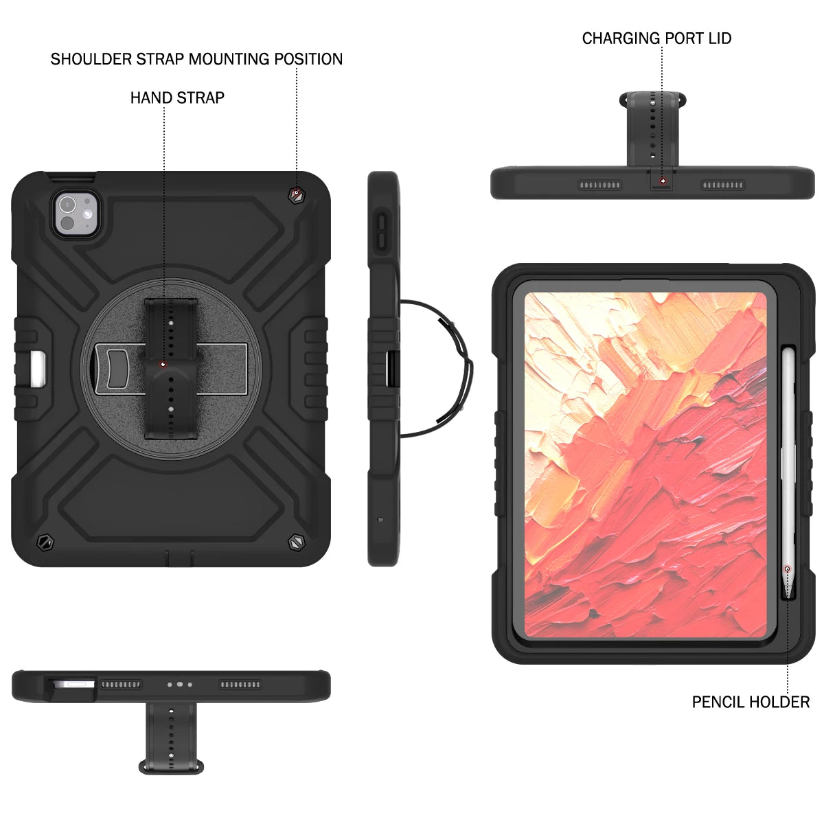 Shockproof Case for iPad pro 11 inch (2024) with 360° Rotating Hand Strap, Portable Shoulder Strap and Pencil Slot