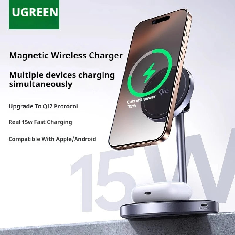 15W UGREEN Magnetic Wireless Charger 2-in-1 Foldable Wireless Charger Stand Magsafe Fast Charging For iPhone 16 Pro Max/AirPods
