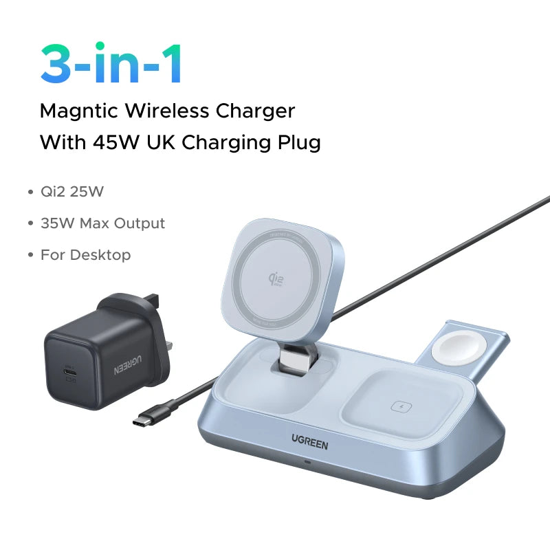 UGREEN Qi2 25W magnetic wireless charger stand — 3-in-1 MagSafe fast charging for iPhone and AirPods
