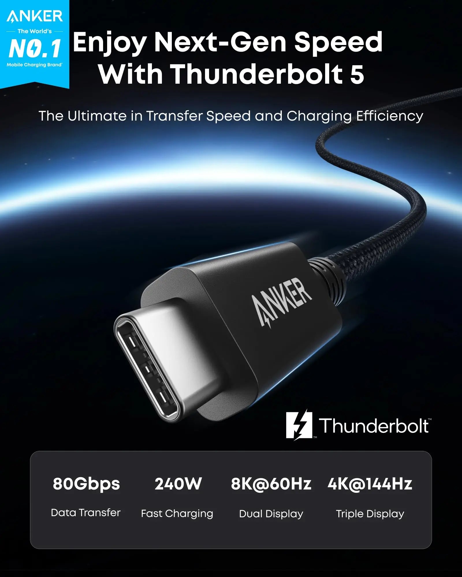 Anker Prime Thunderbolt 5 Cable, 3.3 FT USB C to USB C Cable, 240W Charging, 80Gbps Data Transfer, Up to 120Gbps Bandwidth, 8K