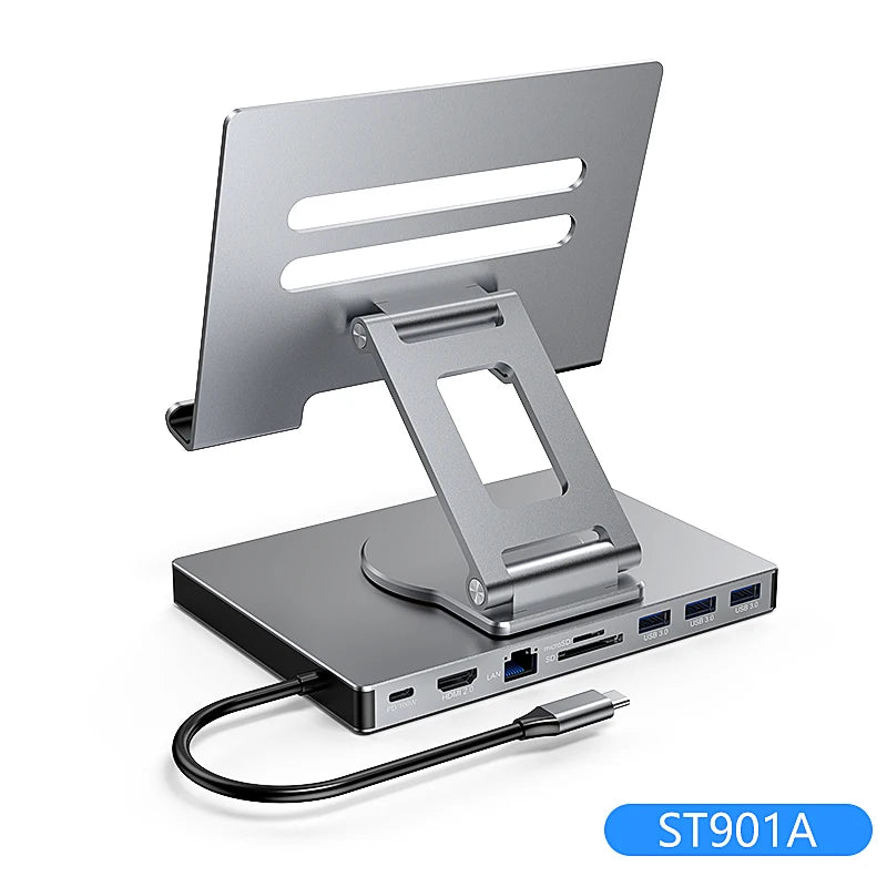 9-in-1 for IPad Pro USB C Hub Stand for M4/M2/Air 13/12.9/11", 4K HDMI, Ethernet, SD/TF Reader, 3xUSB 3.0, Foldable Dock