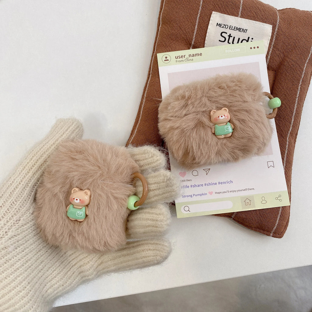 Cute Plush 3D Bear Earphone Case for Apple Airpods 1 2 Pro Protective Cover Fluffy For Air pods Pro2 3 Funda with Star Keychain