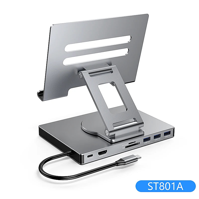 9-in-1 for IPad Pro USB C Hub Stand for M4/M2/Air 13/12.9/11", 4K HDMI, Ethernet, SD/TF Reader, 3xUSB 3.0, Foldable Dock