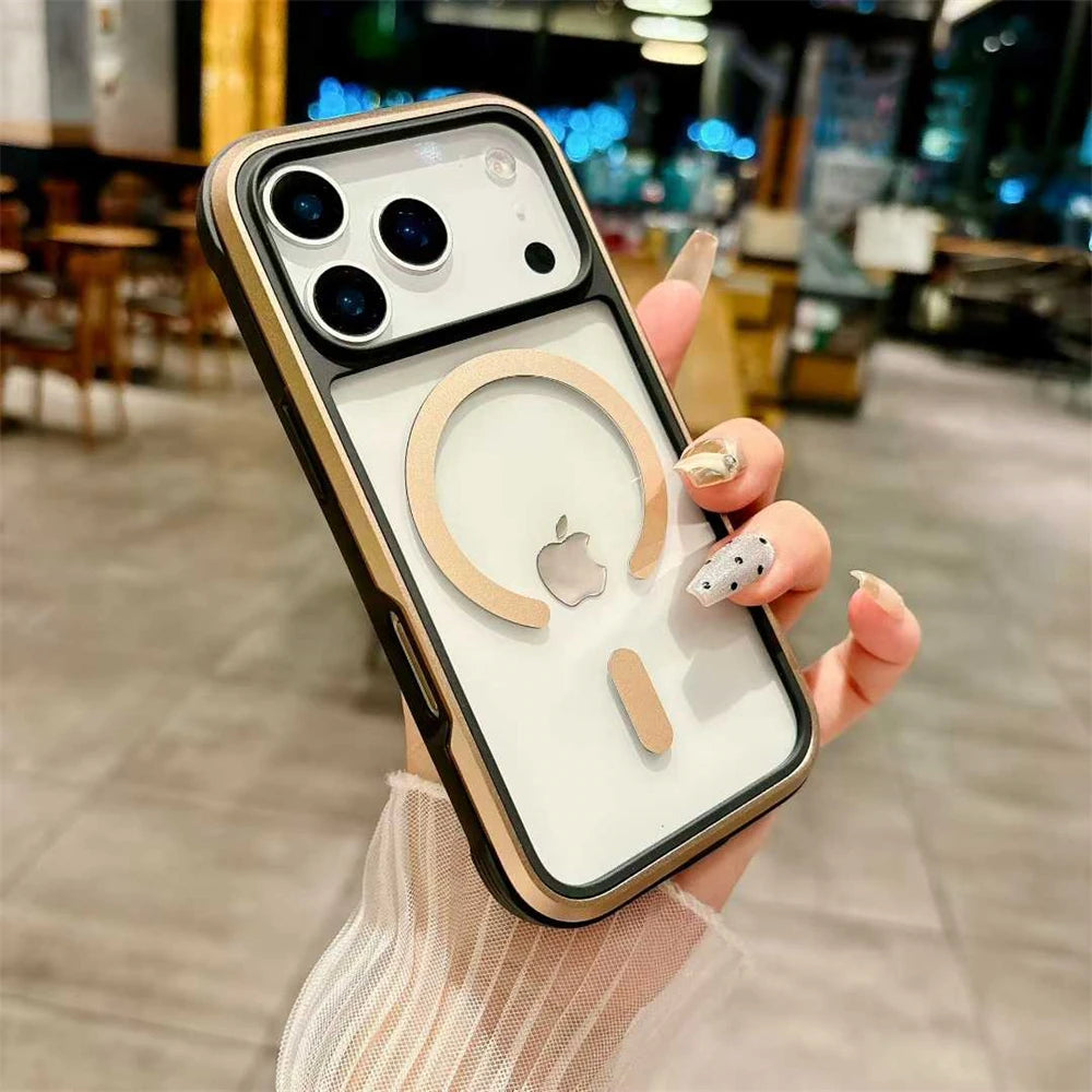 Aluminum Alloy Transparent Magsafe Phone Case For iPhone 17 Pro Max 17Air 15 16Pro Max Military Anti Fall Magnetic Cover
