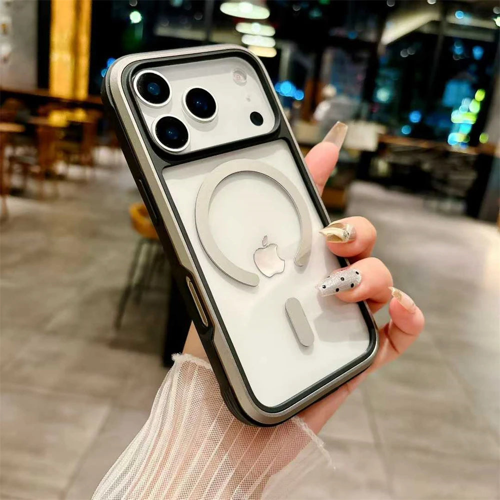 Aluminum Alloy Transparent Magsafe Phone Case For iPhone 17 Pro Max 17Air 15 16Pro Max Military Anti Fall Magnetic Cover