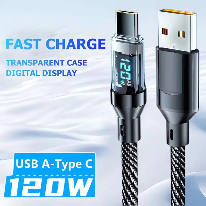 120W Type C Fast Charging Cables 6A USB to Type C Data Cord For Samsung Xiaomi ONEPLUS POCO With Led Digital Display USB C Cable
