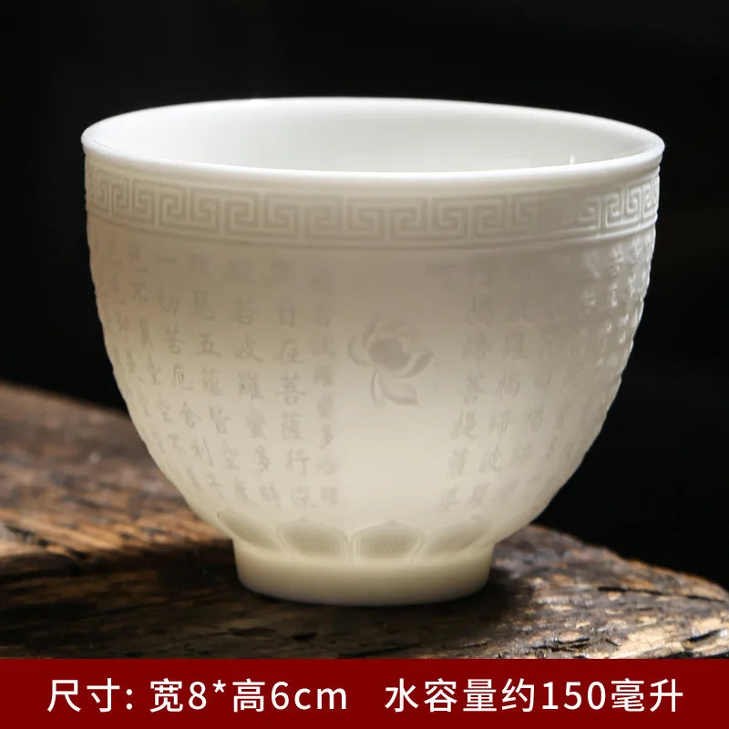 150ml Teacup Jade White Porcelain Cup Heart Sutra Cup Baifu Cup Ceramic Tea Set Supplies Living Room Coffee Table Decoration