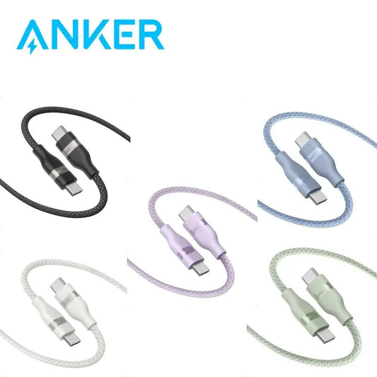 Anker USB-C to USB-C Cable Upcycled-Braided 240W Fast Charging in various colors on a white background