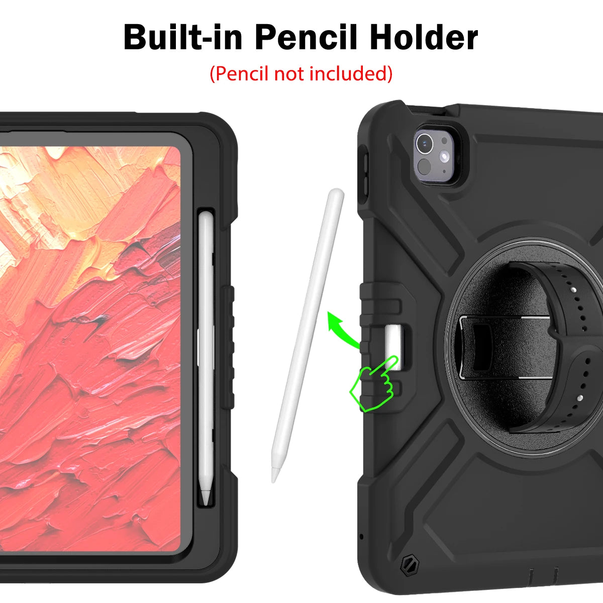 Shockproof Case for iPad pro 11 inch (2024) with 360° Rotating Hand Strap, Portable Shoulder Strap and Pencil Slot