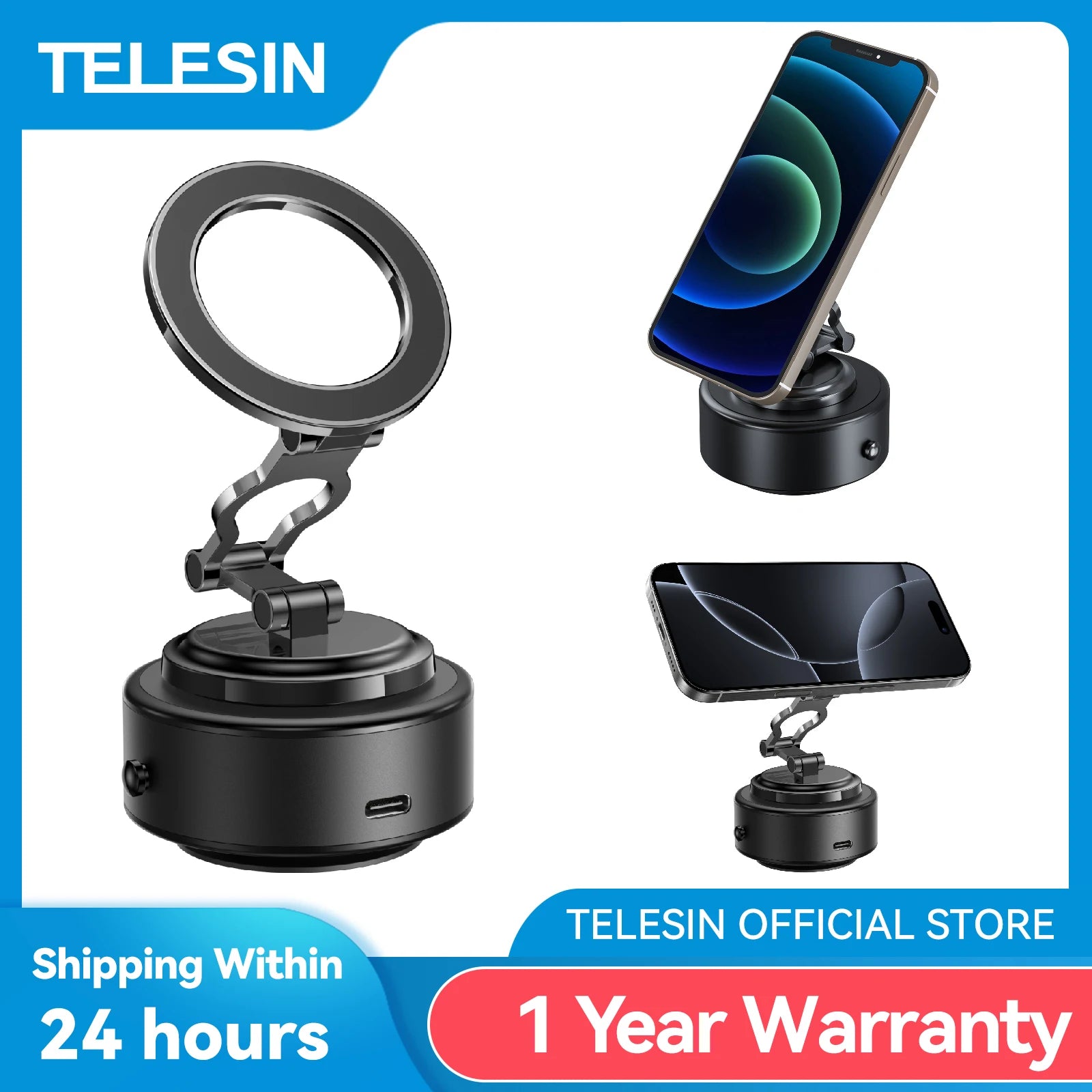 TELESIN Magnetic Electric Suction Cup Car Phone Holder 360° Adjustable Car Mount Stand For Mobile Phone Iphone  Andriod Phone