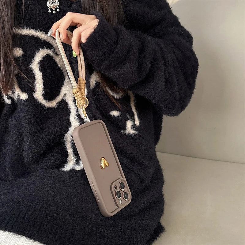 Cute Korean 3D Golden Love Heart Soft Case For iPhone 16 17 Pro Max 15 14 13 12 11 Pro 16E 7 8 Plus Wrist Chain Hang Strap Cover