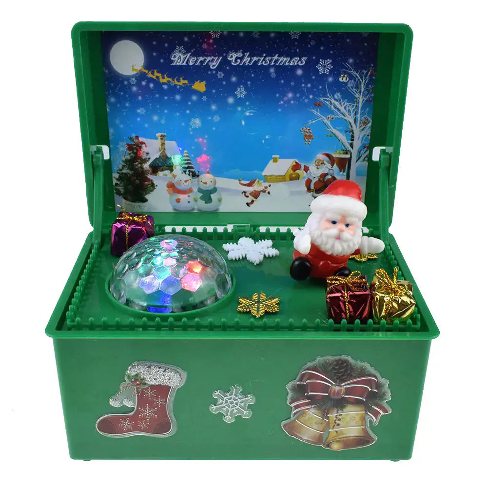 Santa Claus Climbing Toy - Festive Holiday Decor in a green box with decorations, festive lights, and a vibrant Christmas scene.
