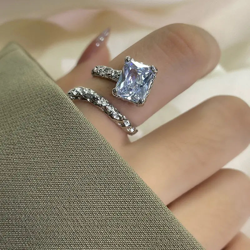 Light Luxury Simple Rectangular Open-end Zircon Ring