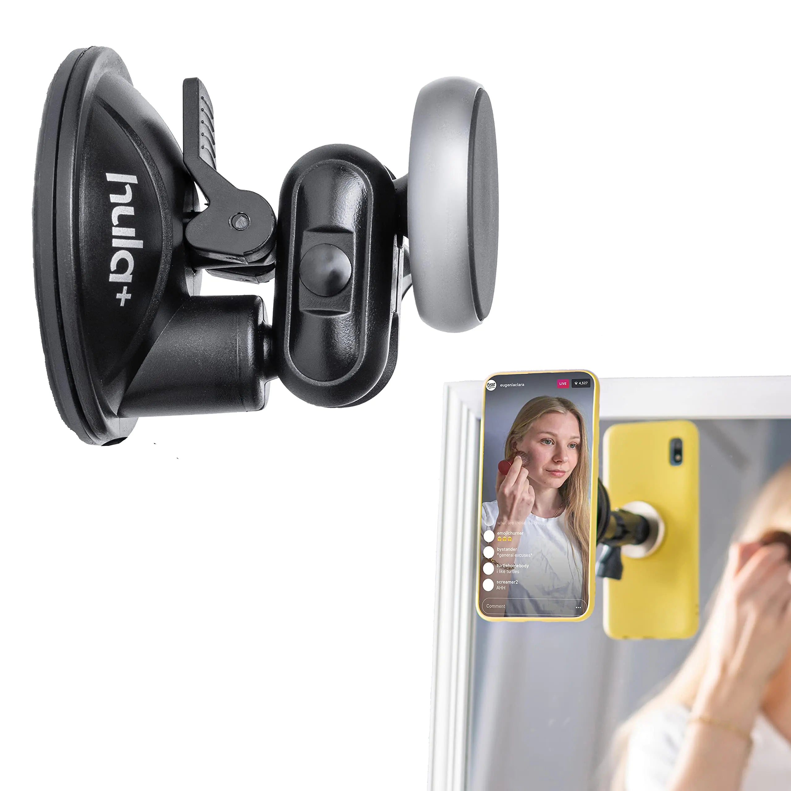 hula+ Magnet Phone Holder Reusable Stand Portable Mount for Shower Mirror Kitchen Window & Bathroom Compatible with All Phones Ideal for Content TikTok Movies & Music (Space Gray)