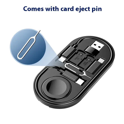 All-in-One Charge Card by Techs Park featuring card eject pin and various charging ports in a compact design.