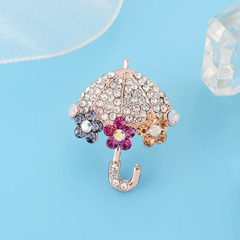 Fashionable Rhinestone Flower Umbrella Brooch Pin