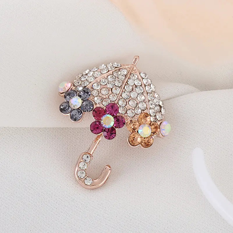 Fashionable Rhinestone Flower Umbrella Brooch Pin