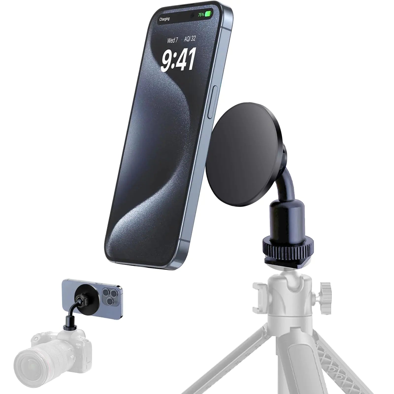 Jkoailiwi for MagSafe Tripod Phone Mount Adapter with 1/4"-20 Hole & Cold Shoe Cell Phone Tripod Holder for Selfie Stick/Ring Light Video Recording Compatible with iPhone 16 15 14 13 12 Gray