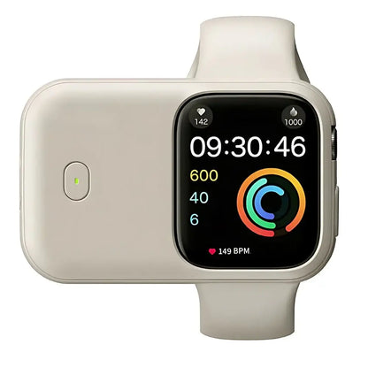 Portable Wireless Power Bank for Apple Watch – 1200mAh Charger on a smartwatch, showcasing its sleek design and charging capabilities.