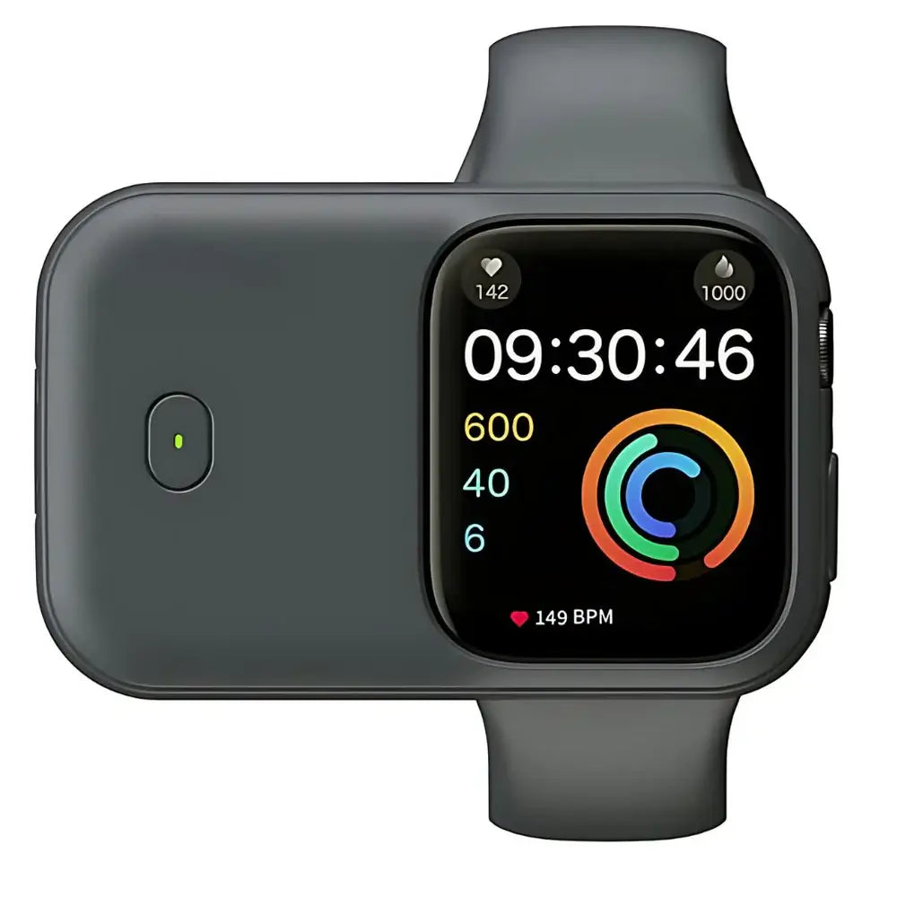 Portable Wireless Power Bank for Apple Watch – 1200mAh Charger next to an Apple Watch displaying health metrics.