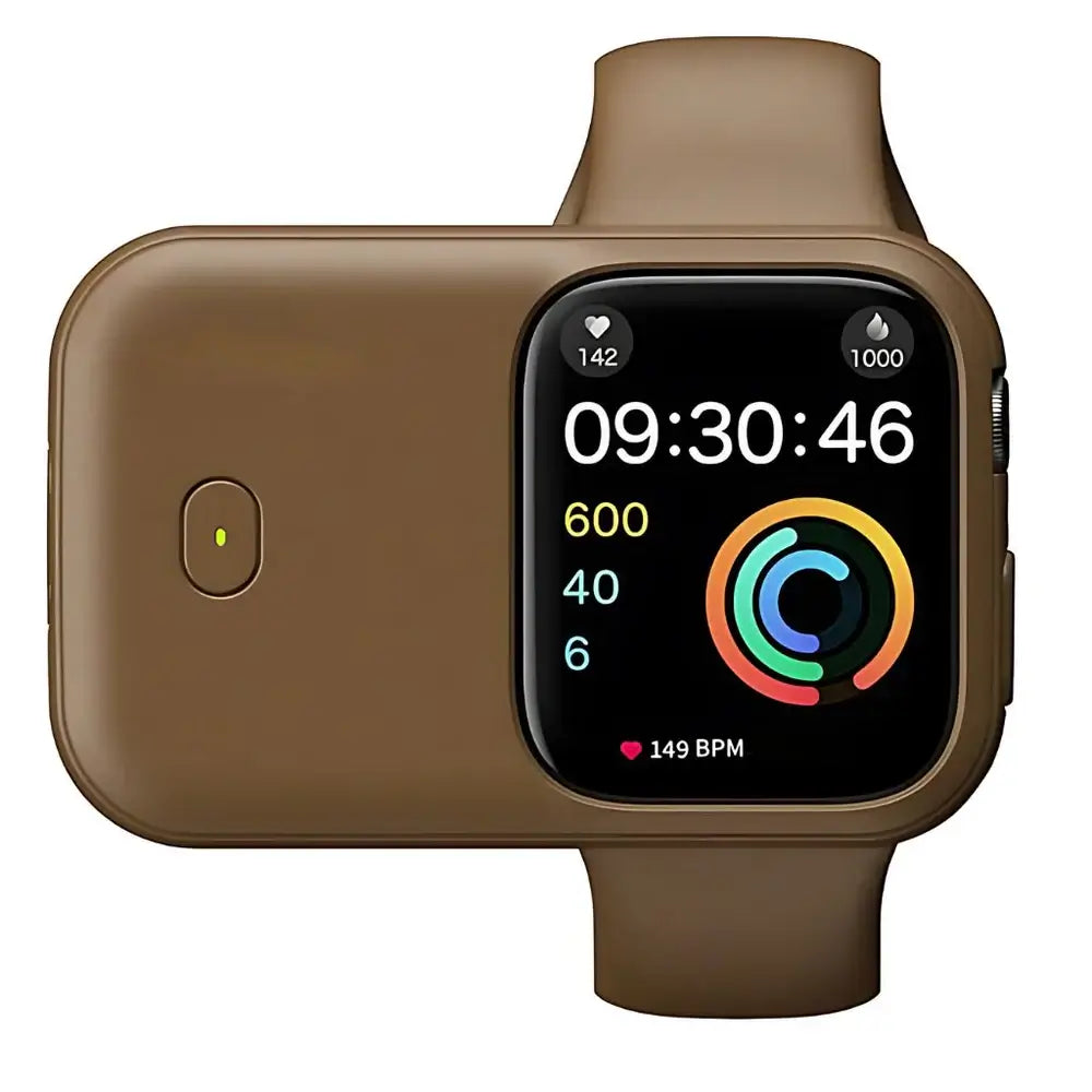 Portable Wireless Power Bank for Apple Watch – 1200mAh Charger-Techs Park with brown case and watch display.