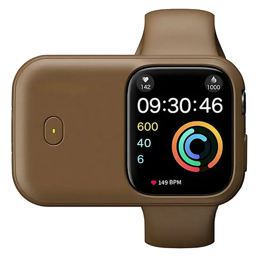 Portable Wireless Power Bank for Apple Watch – 1200mAh Charger-Techs Park with brown case and watch display.