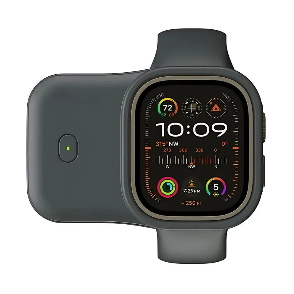 Portable Wireless Power Bank for Apple Watch – 1200mAh Charger attached to Apple Watch display.