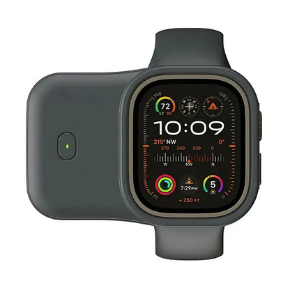 Portable Wireless Power Bank for Apple Watch – 1200mAh Charger attached to Apple Watch display.
