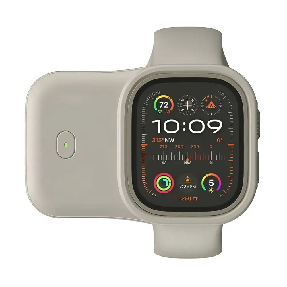 Portable Wireless Power Bank for Apple Watch – 1200mAh Charger on a smartwatch displaying time and features.