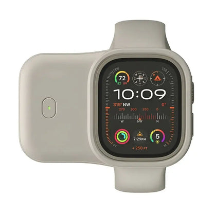 Portable Wireless Power Bank for Apple Watch – 1200mAh Charger on a smartwatch displaying time and features.