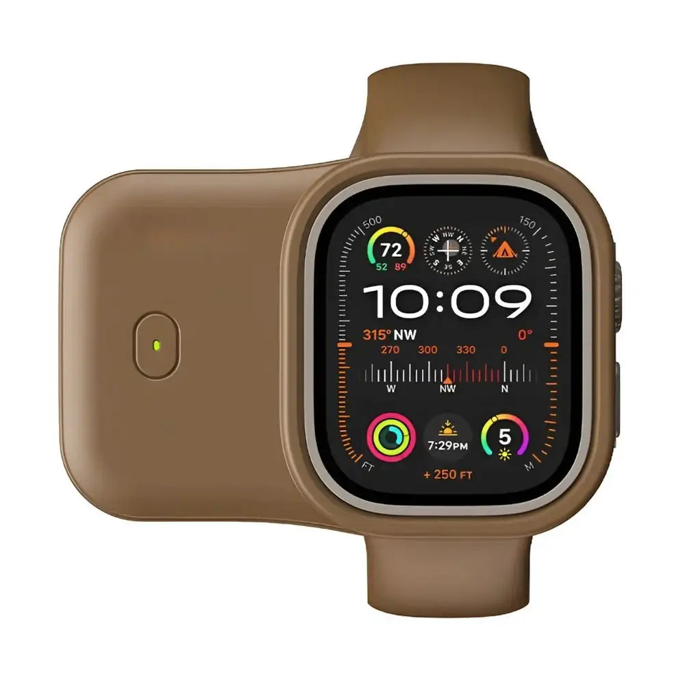 Portable Wireless Power Bank for Apple Watch – 1200mAh Charger connected to a smartwatch, showing active display.
