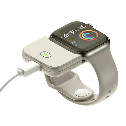 Portable Wireless Power Bank for Apple Watch – 1200mAh Charger connected to a smartwatch.